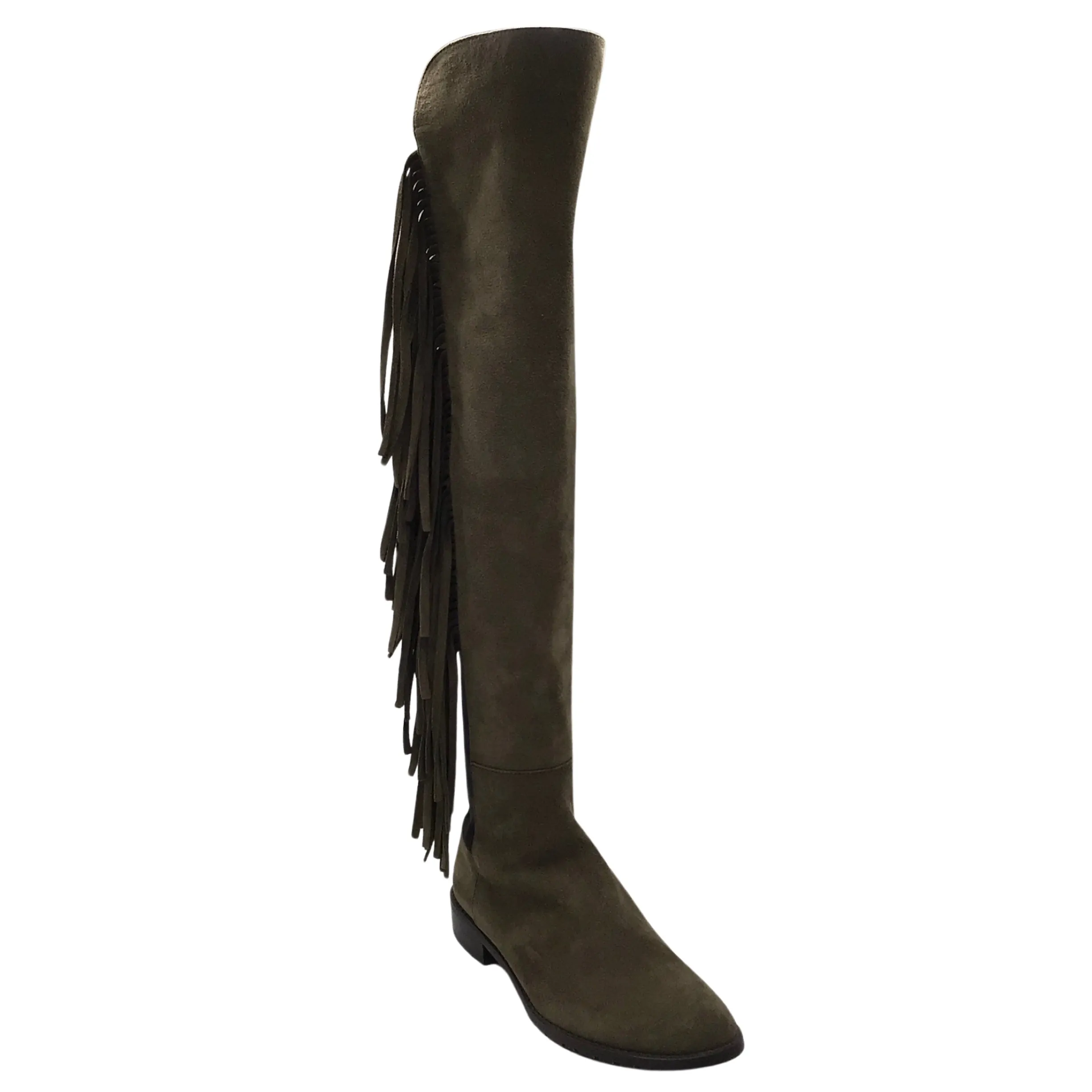 Stuart Weitzman Olive Green / Black Fringed Pull-On Knee-High Suede Leather Boots