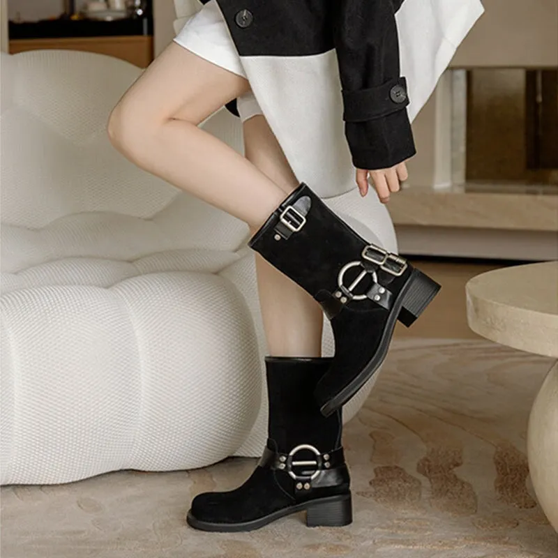 Suede Leather Short Boots For Women Buckle Boots Big Round Toe in Black/Brown/Apricot