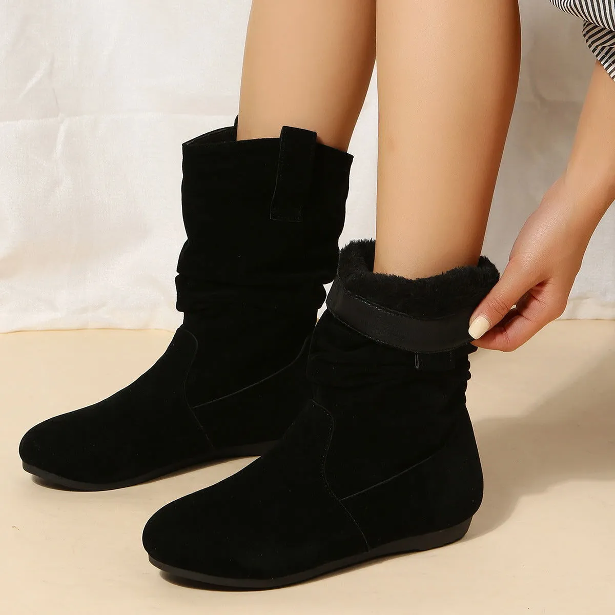 Suede Mid-Calf Flat Winter Boots for Women