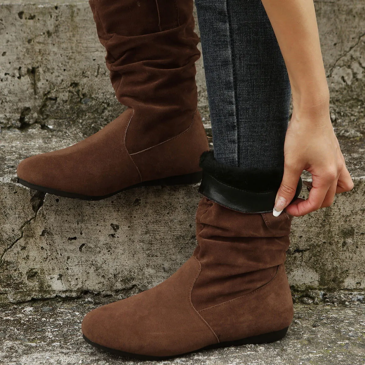 Suede Mid-Calf Flat Winter Boots for Women