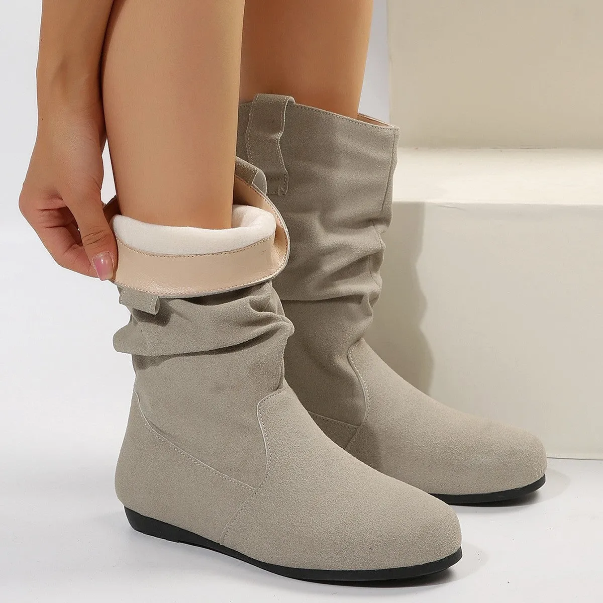 Suede Mid-Calf Flat Winter Boots for Women