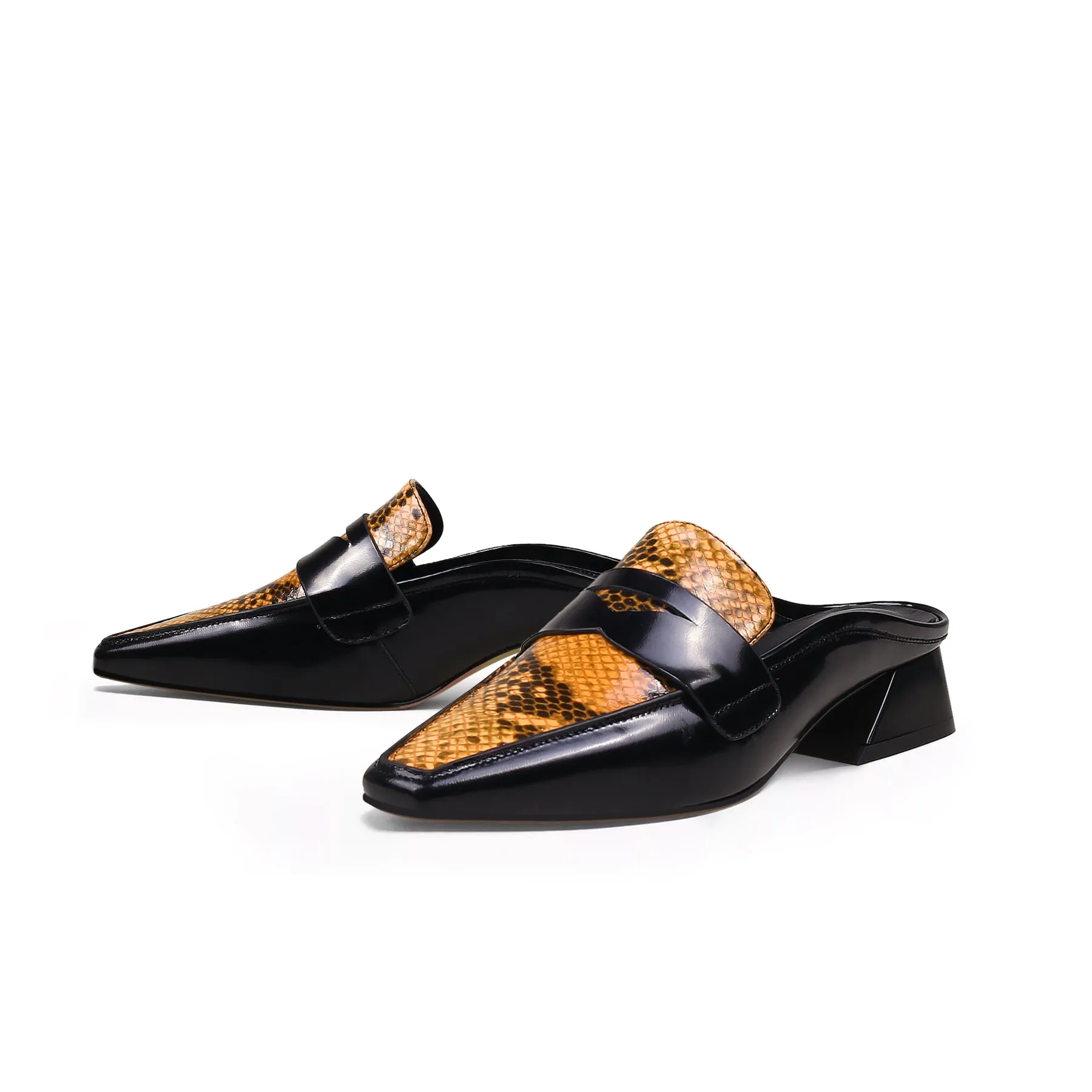 Trapezoidal Heel Faux Snakeskin Mules