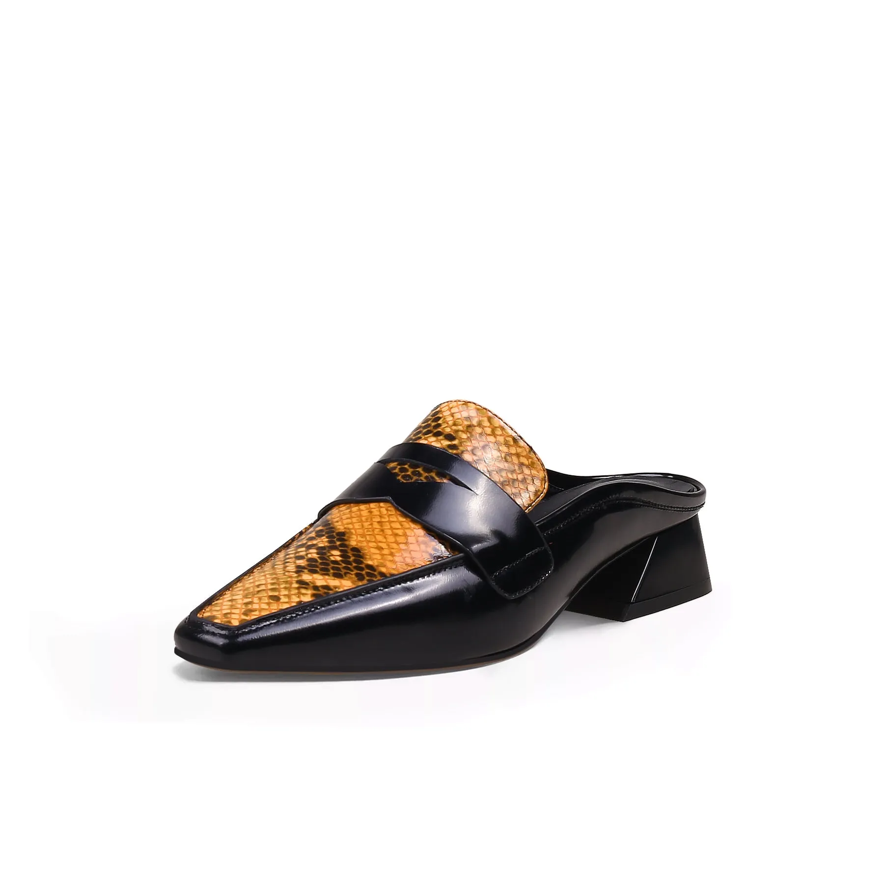 Trapezoidal Heel Faux Snakeskin Mules