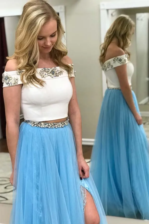 Two Piece Off the Shoulder White and Blue Long Prom Dress with Side Slit PG542