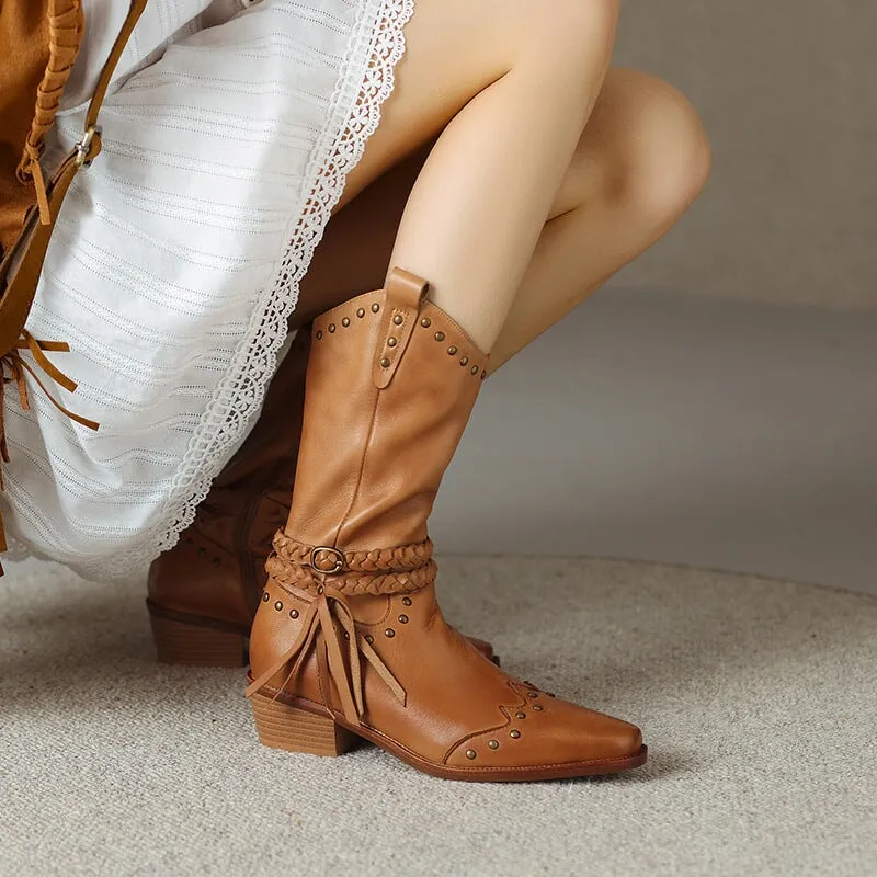 Vintage Leather Womens Rivet Western Boots With Tassel Detail In Black/Aprciot/Brown