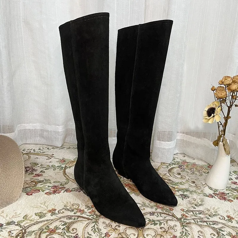 Western Boots Suede Knee High Boots Flat Heel - Khaki/Black/Grey/Brown Cowgirl Boots All Genuine Leather