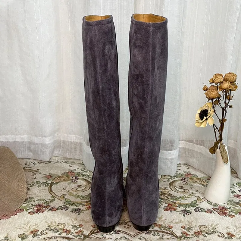 Western Boots Suede Knee High Boots Flat Heel - Khaki/Black/Grey/Brown Cowgirl Boots All Genuine Leather