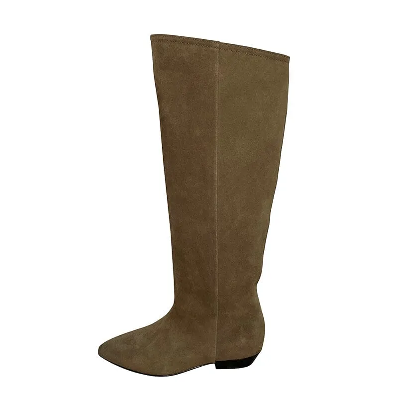 Western Boots Suede Knee High Boots Flat Heel - Khaki/Black/Grey/Brown Cowgirl Boots All Genuine Leather