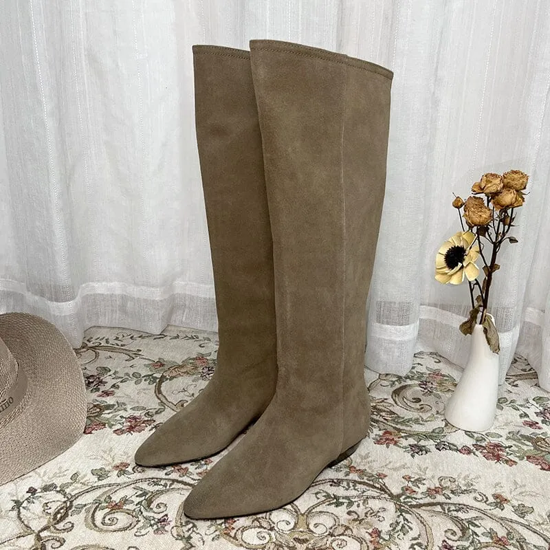 Western Boots Suede Knee High Boots Flat Heel - Khaki/Black/Grey/Brown Cowgirl Boots All Genuine Leather