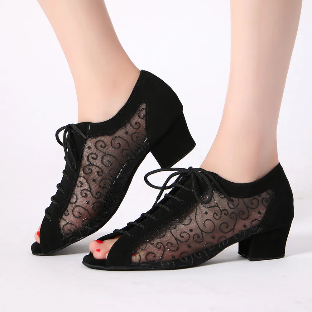 Women Ballroom Dancing Shoes Ladies Tango Latin Practice Dance Shoe Suede Sole Lace-up Open-toe Black