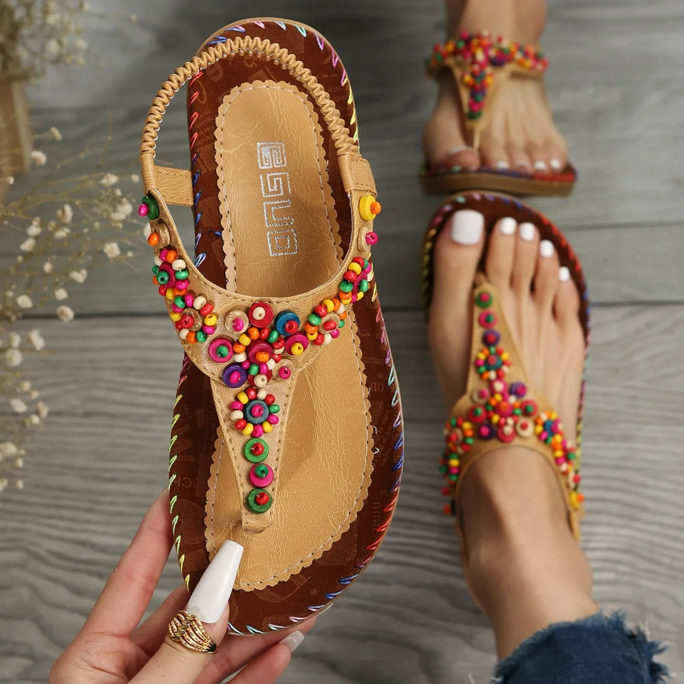 Women's Beaded Decor Flip Flops Open Round Toe Elastic Ankle Strap Sandals