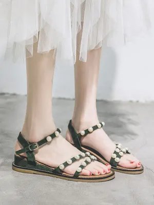 Women's Round Toe Pearl Boho Sandals