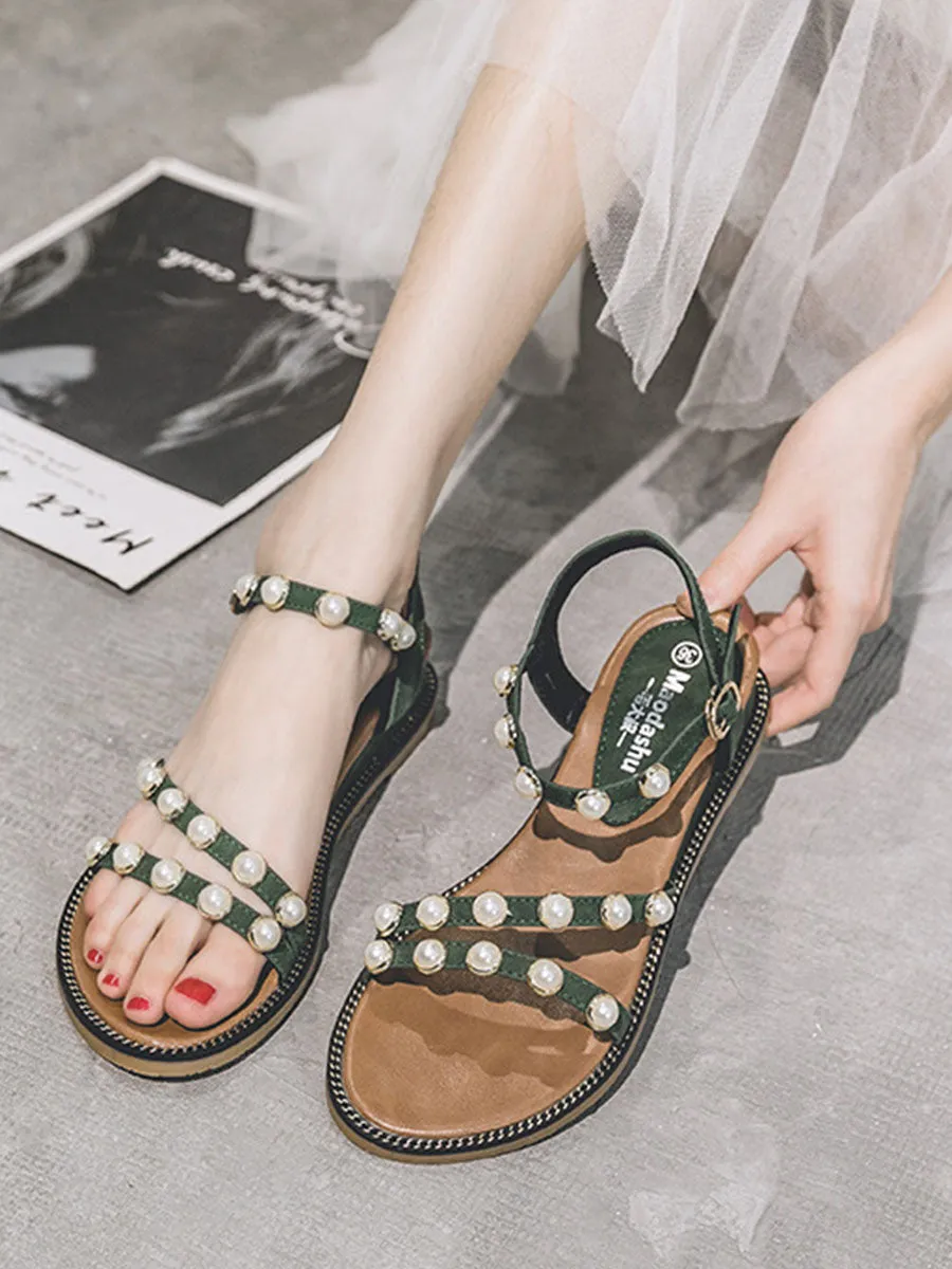 Women's Round Toe Pearl Boho Sandals