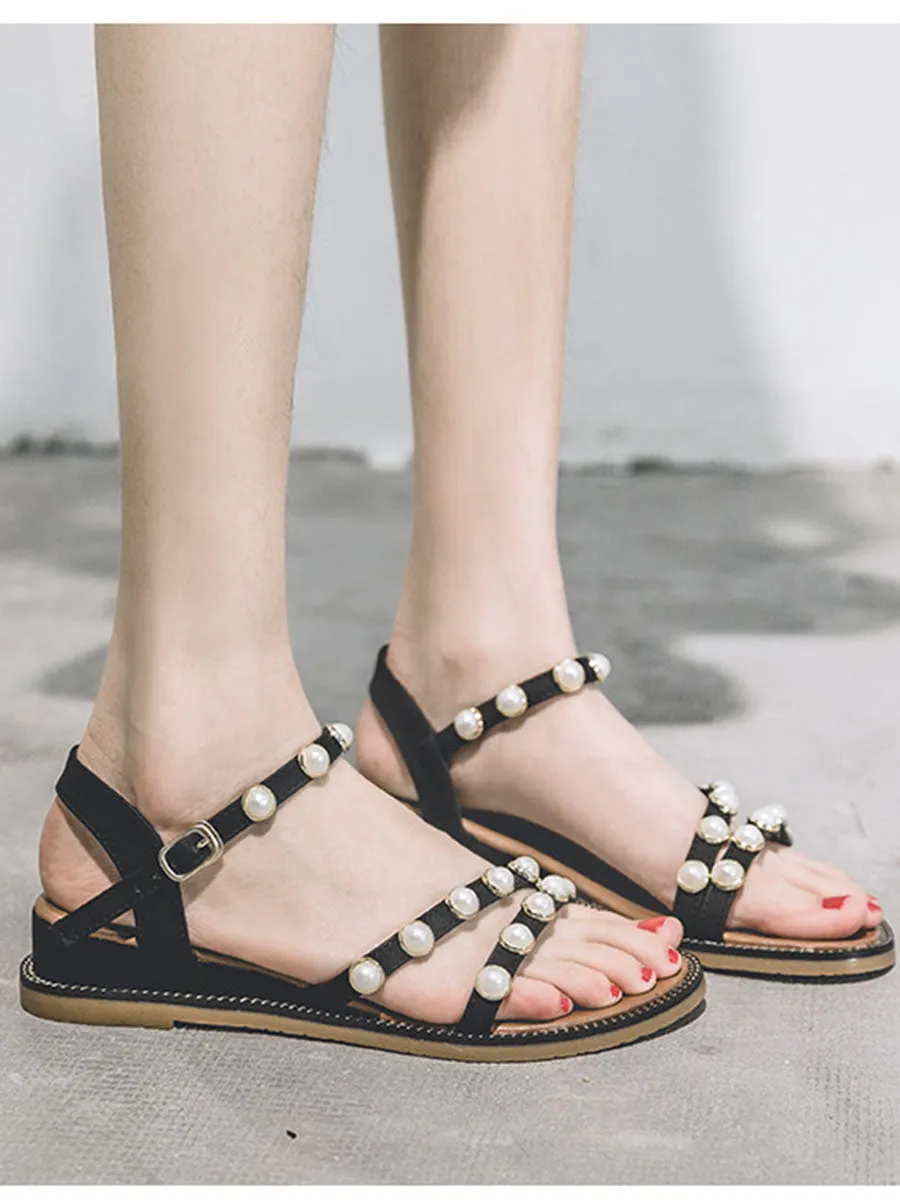 Women's Round Toe Pearl Boho Sandals