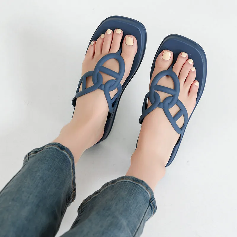 Women's Soft Platform Flip Flops Square Toe Solid Color Open Toe Slippers