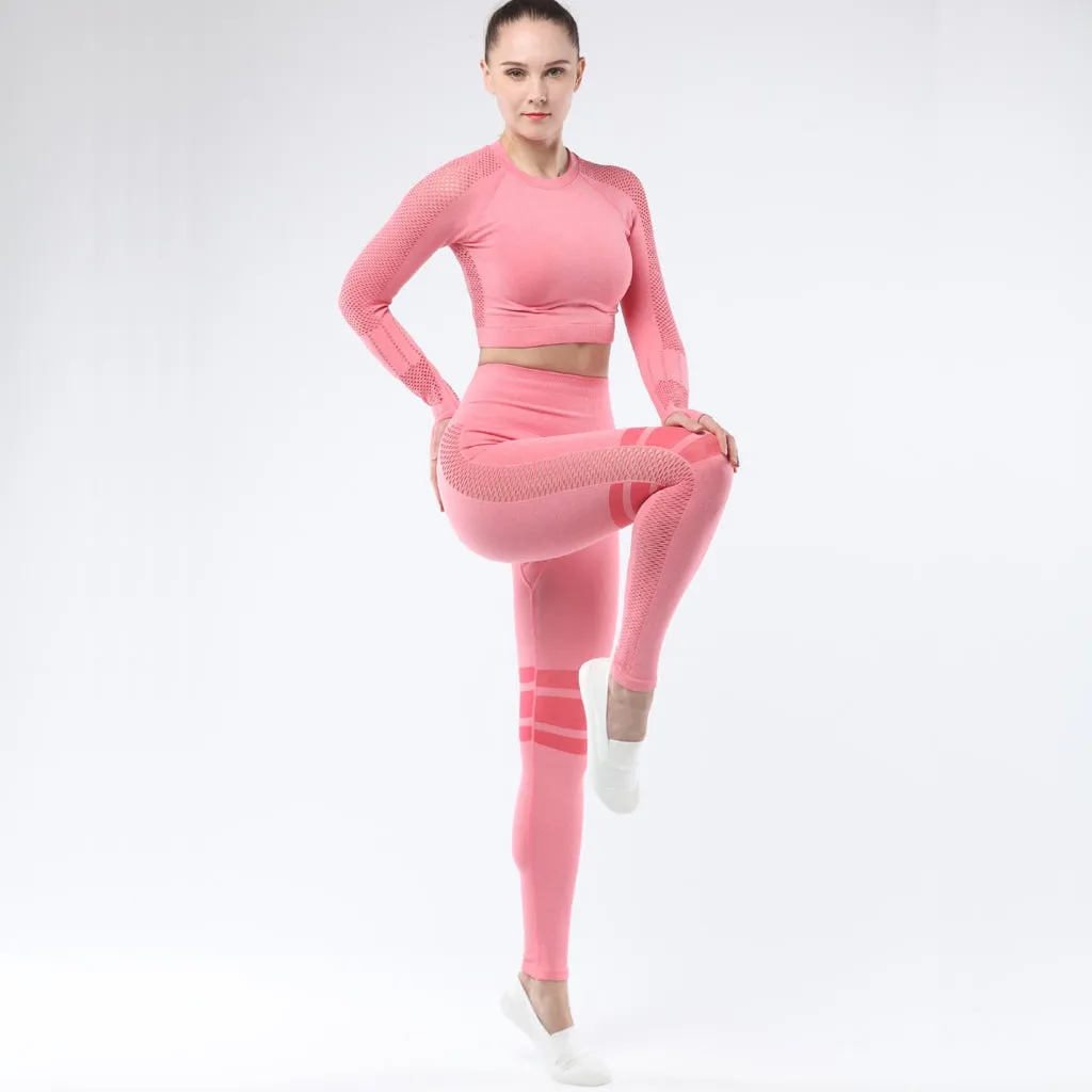 Women's Sportwear Workout Sets  two Piece Outfits Seamless High Waist Yoga Leggings Long Sleeve Gym Clothes