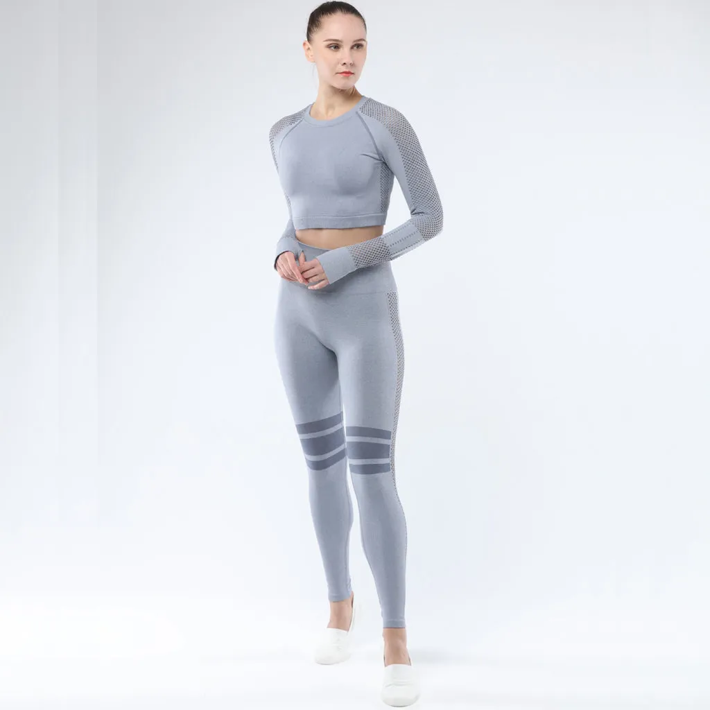 Women's Sportwear Workout Sets  two Piece Outfits Seamless High Waist Yoga Leggings Long Sleeve Gym Clothes