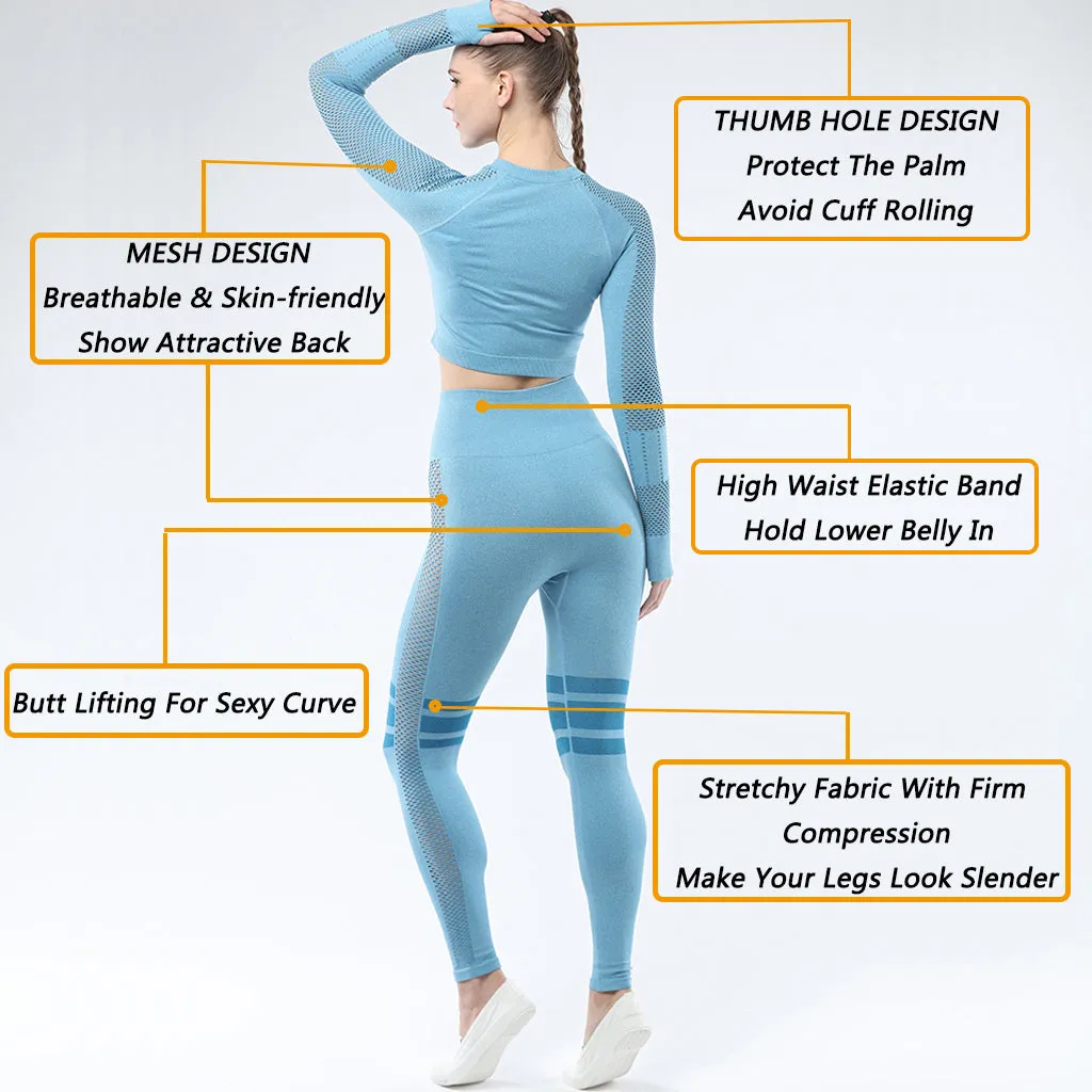 Women's Sportwear Workout Sets  two Piece Outfits Seamless High Waist Yoga Leggings Long Sleeve Gym Clothes