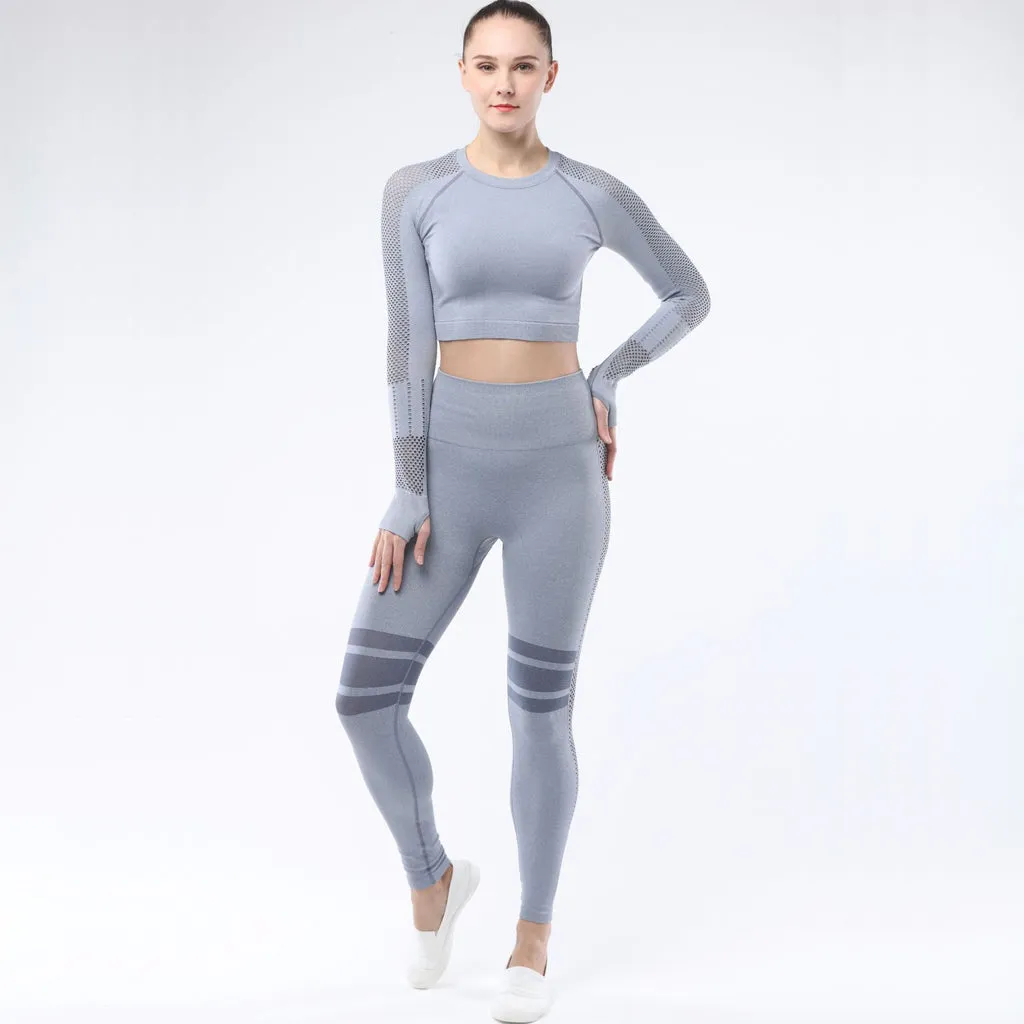 Women's Sportwear Workout Sets  two Piece Outfits Seamless High Waist Yoga Leggings Long Sleeve Gym Clothes