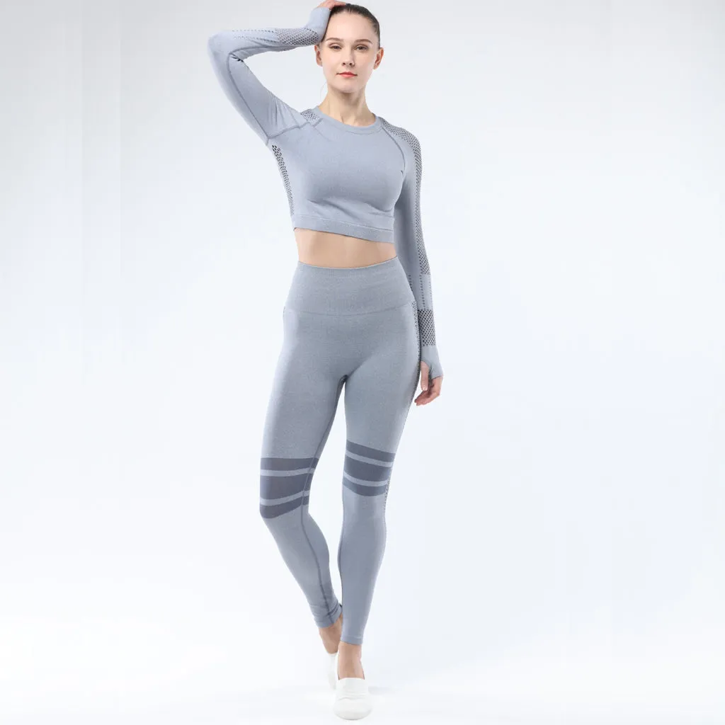 Women's Sportwear Workout Sets  two Piece Outfits Seamless High Waist Yoga Leggings Long Sleeve Gym Clothes