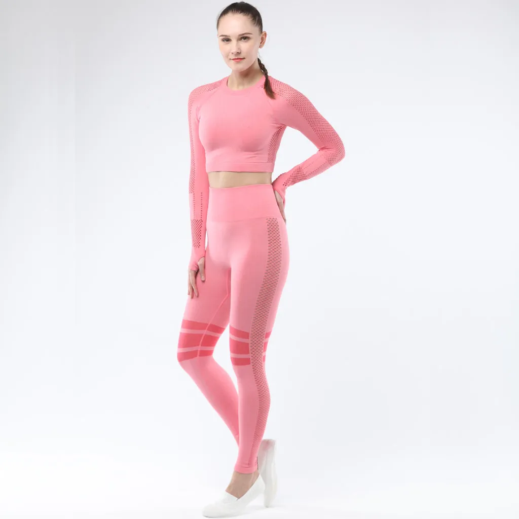 Women's Sportwear Workout Sets  two Piece Outfits Seamless High Waist Yoga Leggings Long Sleeve Gym Clothes