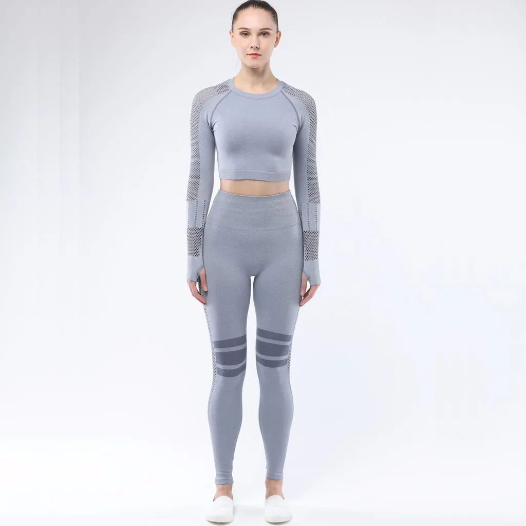 Women's Sportwear Workout Sets  two Piece Outfits Seamless High Waist Yoga Leggings Long Sleeve Gym Clothes