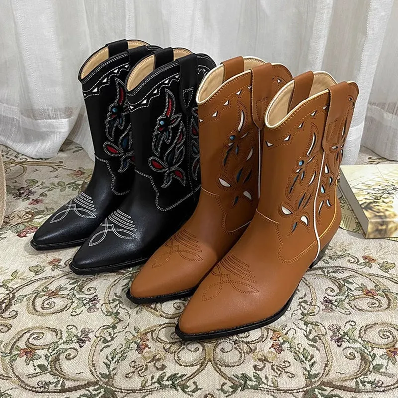 Womens Western Boots Block Heel Cut-Out Cowboy Boots All Genuine Leather