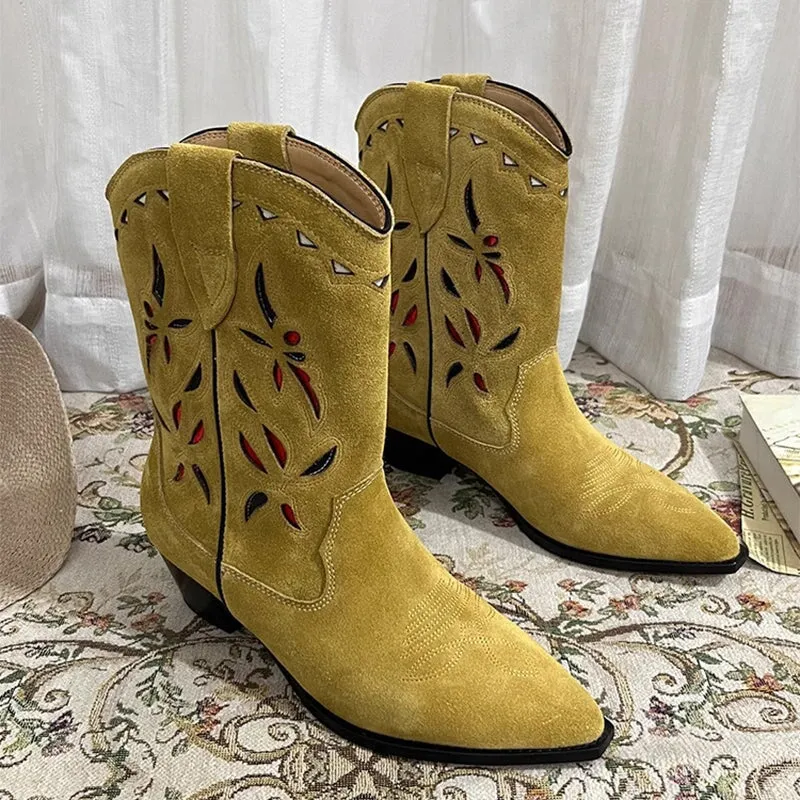 Womens Western Boots Block Heel Cut-Out Cowboy Boots All Genuine Leather