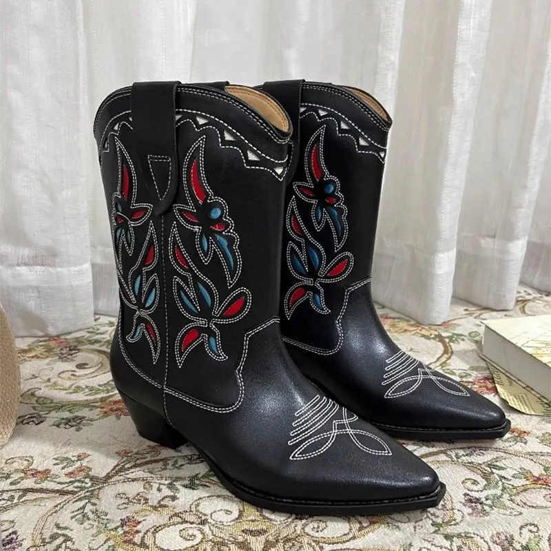 Womens Western Boots Block Heel Cut-Out Cowboy Boots All Genuine Leather