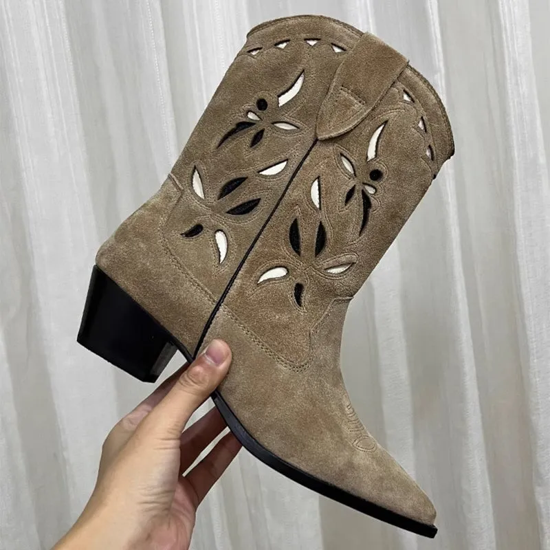 Womens Western Boots Block Heel Cut-Out Cowboy Boots All Genuine Leather