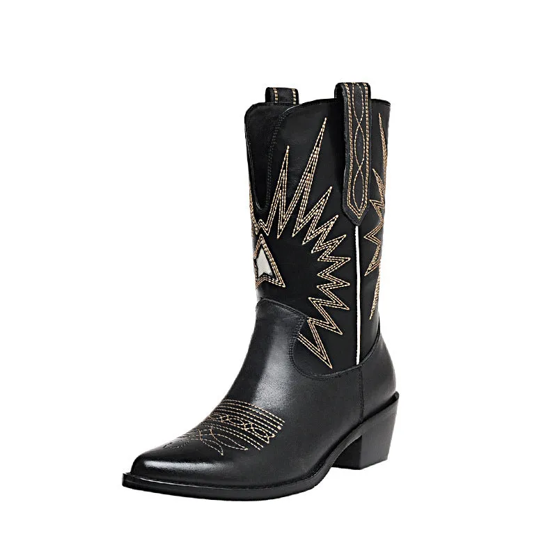 Womens Western Boots Mid Calf Contrast-stitching Cowboy Boots- Black/White Cowgirl Boots