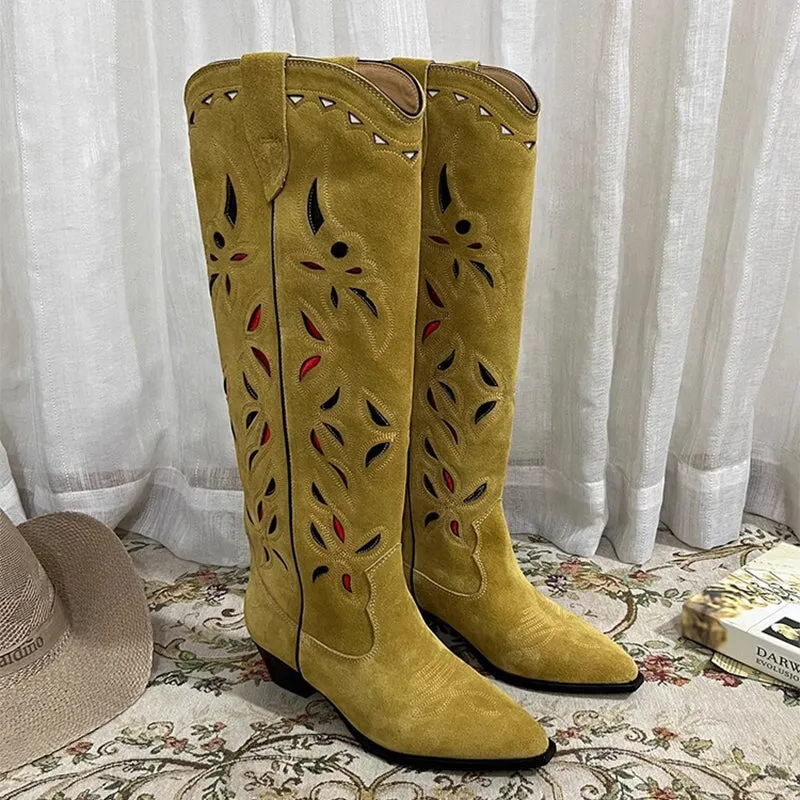 Womens Western Contrast-stitching Cowboy Boots Hollow Out Decorate- Khaki Cowgirl Boots All Genuine Leather