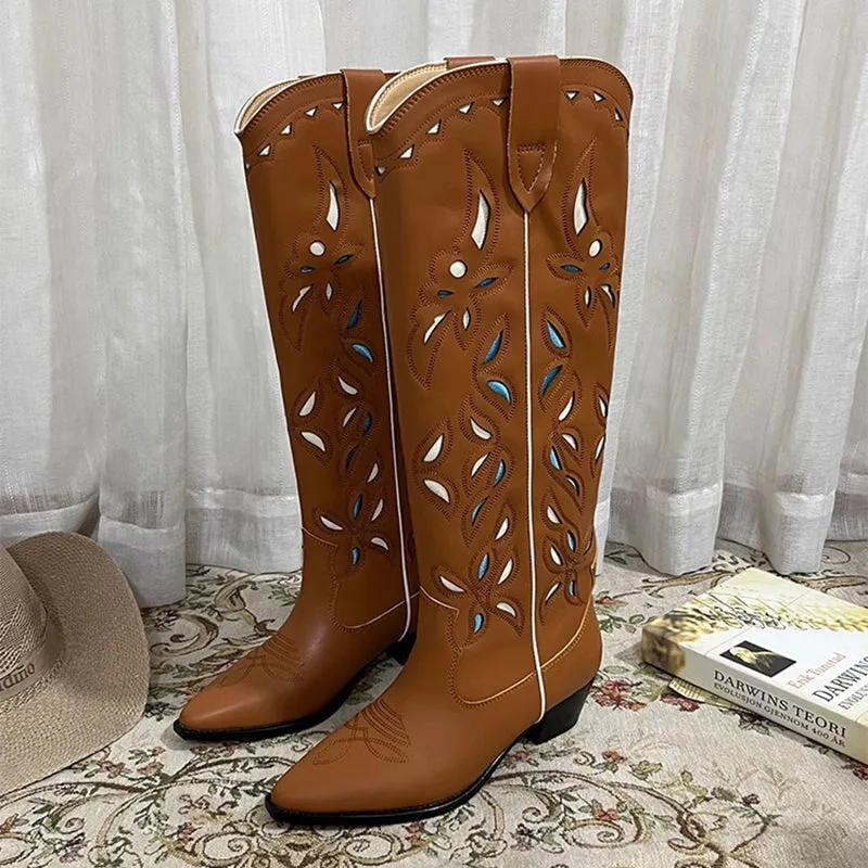 Womens Western Contrast-stitching Cowboy Boots Hollow Out Decorate- Khaki Cowgirl Boots All Genuine Leather