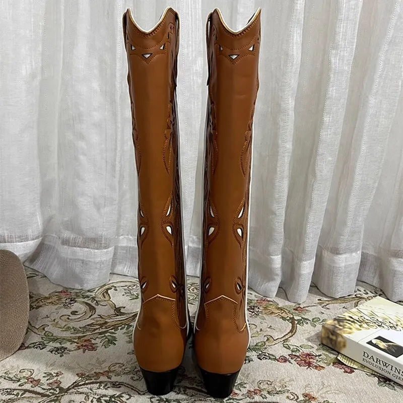 Womens Western Contrast-stitching Cowboy Boots Hollow Out Decorate- Khaki Cowgirl Boots All Genuine Leather