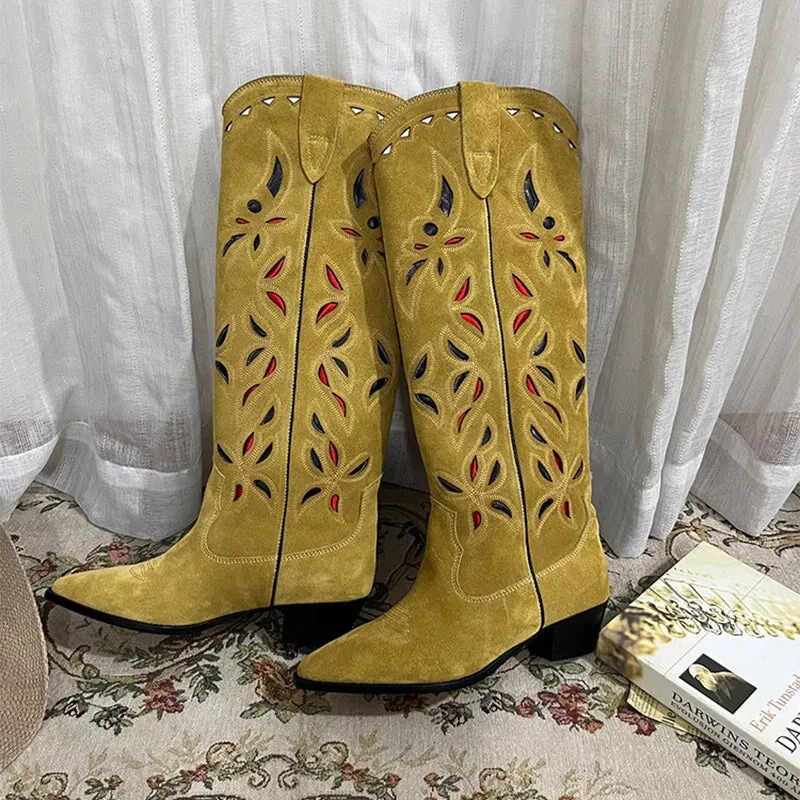 Womens Western Contrast-stitching Cowboy Boots Hollow Out Decorate- Khaki Cowgirl Boots All Genuine Leather