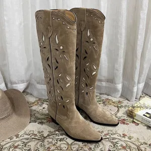 Womens Western Contrast-stitching Cowboy Boots Hollow Out Decorate- Khaki Cowgirl Boots All Genuine Leather