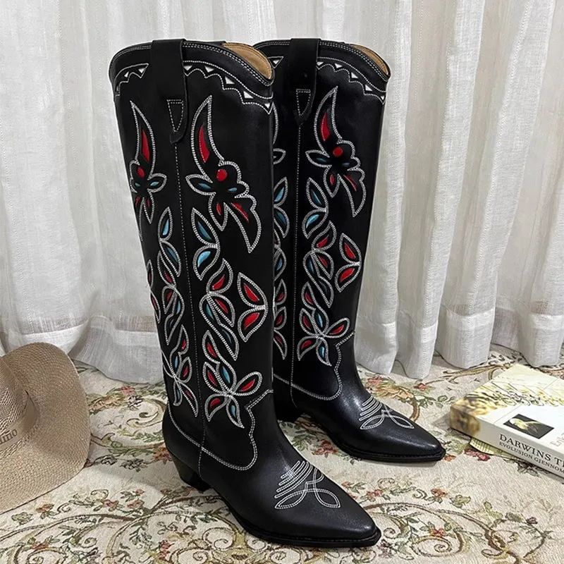 Womens Western Contrast-stitching Cowboy Boots Hollow Out Decorate- Khaki Cowgirl Boots All Genuine Leather