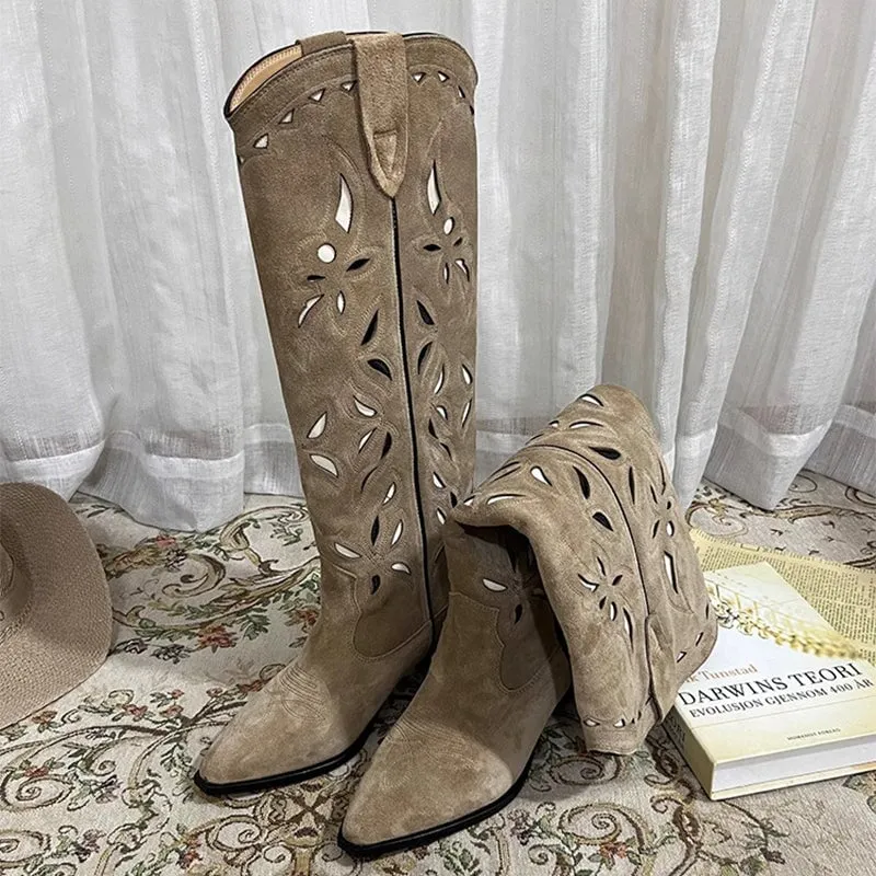 Womens Western Contrast-stitching Cowboy Boots Hollow Out Decorate- Khaki Cowgirl Boots All Genuine Leather