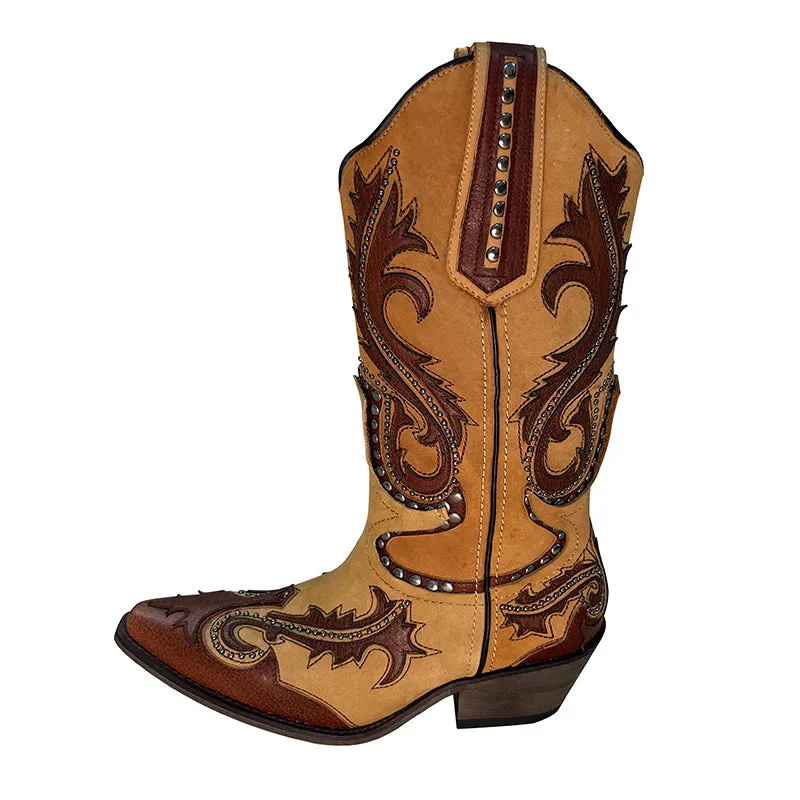 Womens Western Embroidered Boots Rivet Decorate- Brown Cowgirl Boots All Genuine Leather