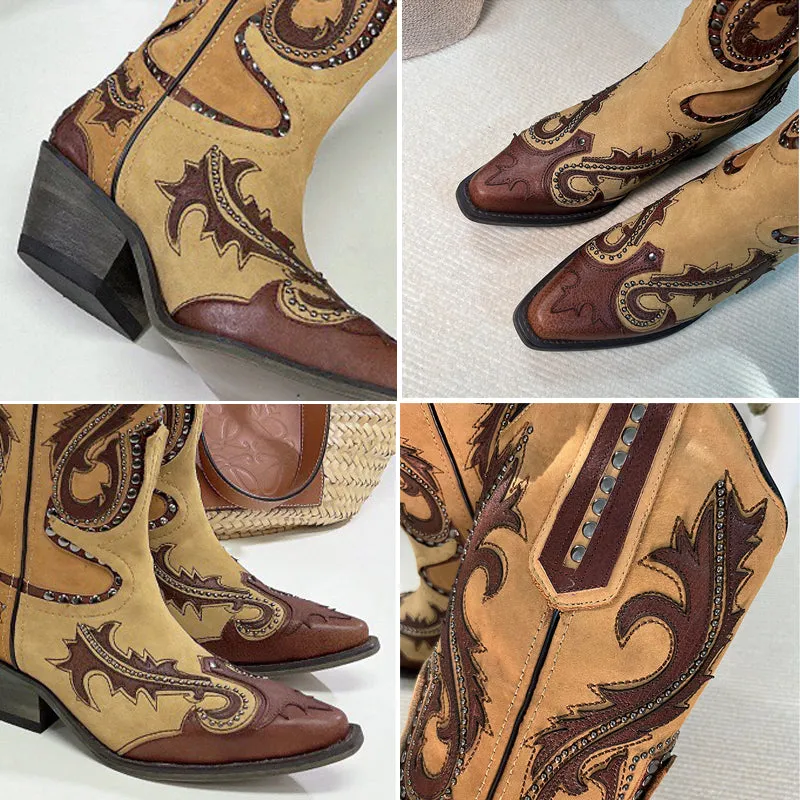 Womens Western Embroidered Boots Rivet Decorate- Brown Cowgirl Boots All Genuine Leather